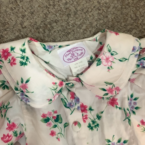 Vtg Plum pudding Ltd cream floral Peter Pan button up front puff sleeve dress 12 - Picture 3 of 4